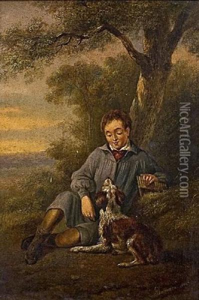 Junge Mit Einer Panflote Und Einem Hund In Abendlicher Landschaft Oil Painting - Albertus Verhoesen