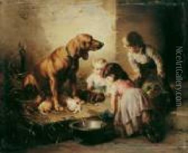 Kinder Eine Hundin Mit Ihren Welpen Bestaunend. Oil Painting - Carl Reichert