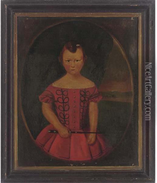 Portrait Of A Young Girl, Three-quarter-length, In A Red Dress Holding A Whip Before A Landscape Oil Painting - M. O. Lowther
