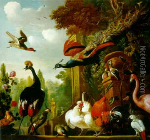 A Crested Crane, And Other Birds On A Terrace Oil Painting - Pieter Casteels III