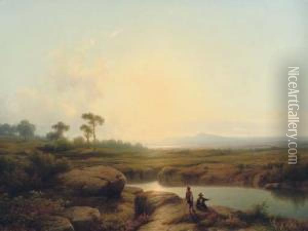 Sunset Over A River Oil Painting - Cornelis Lieste