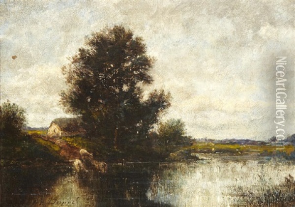 A Landscape With Cows Drinking From A Pond Oil Painting - Jules Dupre