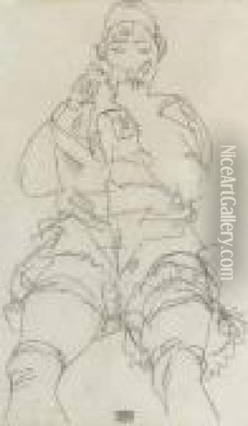 Sitzendes Madchen, Ihren Mund Bedeckend Oil Painting - Egon Schiele