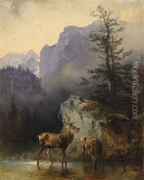 Hirsch Und Tier An Der Tranke Oil Painting - Friedrich Gauermann