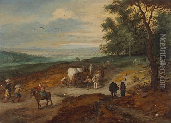 An Extensive Landscape With Travelers On A Track Oil Painting - Jan Breughel