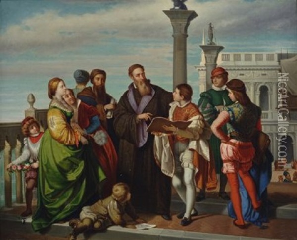 Tiziano Esamina Le Opere Del Giovane Veronese Oil Painting - Antonio Zona