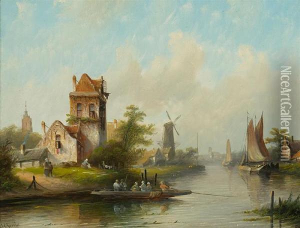 River Landscape With Ships And Cottages Oil Painting - Jan Jacob Coenraad Spohler