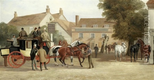 The London To Dorking Coach Resting At The Marquess Of Granby Oil Painting - John Sturgess
