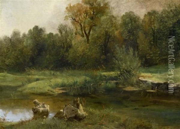 Landschaft Mit Einem Teich Im Vordergrund Oil Painting - Alexandre Calame