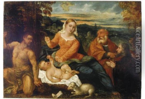 The Virgin And Child With St. John The Baptist And A Donor In A Landscape Oil Painting - Fiumicelli Lodovico