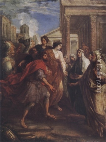 A Man And Woman Alighting From A Chariot Before A Group Of Priests And Vestal Virgins In An Classical City Oil Painting - Arnould De Vuez