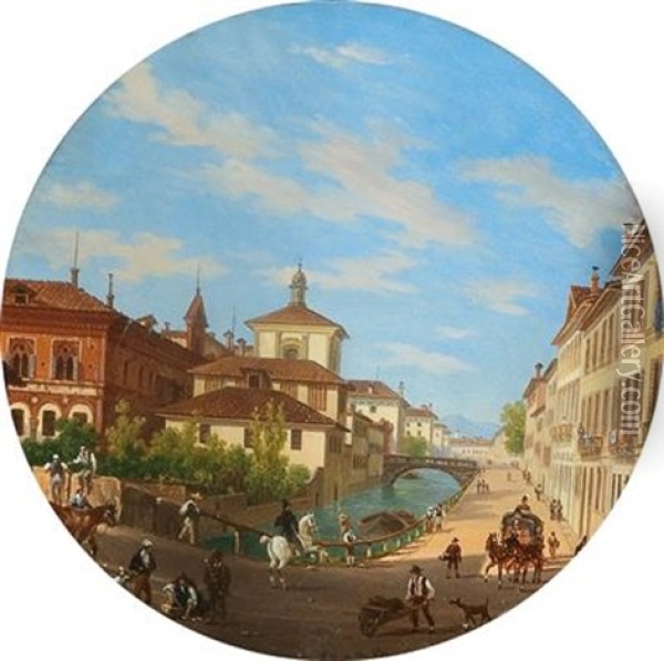 Veduta Del Naviglio Di Porta Romana Oil Painting - Giovanni Battista dell' Acqua