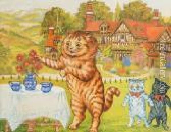 A Tea Party On The Lawn Oil Painting - Louis William Wain