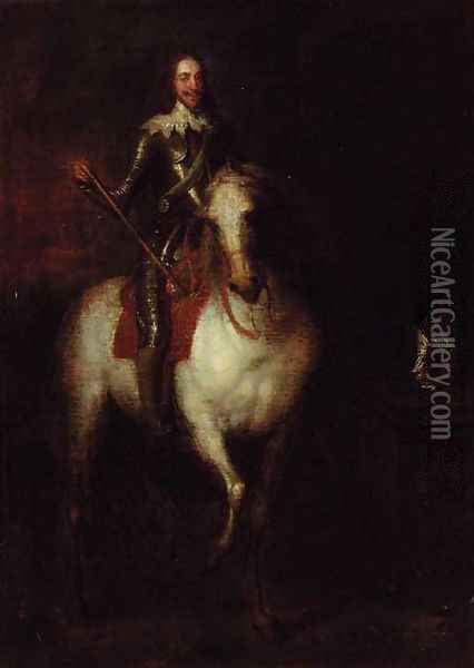 An equestrian portrait of Charles I, small full-length, in armour, mounted on a grey horse Oil Painting - Sir Anthony Van Dyck