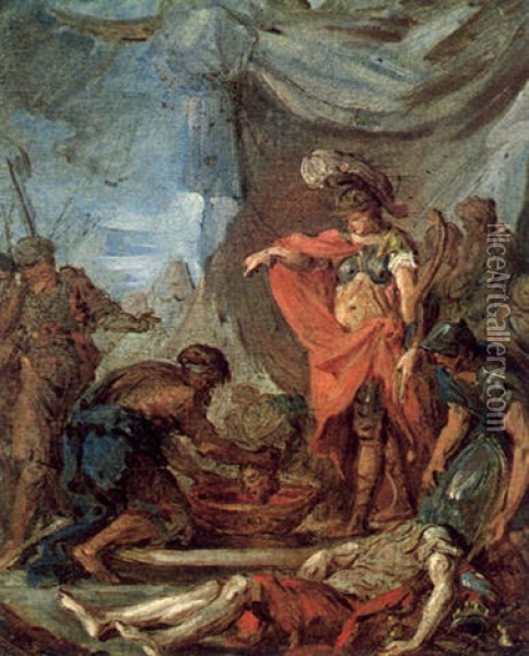 Tomyris Last Das Haupt Des Cyrus In Menschenblut Tauchen Oil Painting - Nicolas Lejeune