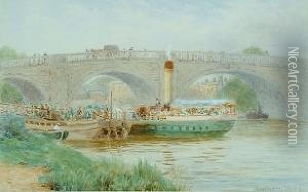 Arrival Of A Steamer At The Old Kew Bridge Oil Painting - Lewis Pinhorn Wood