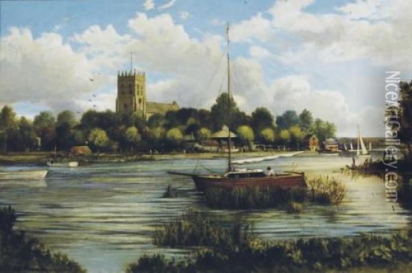 Sunday Sailing By A Village Oil Painting - Edward Everard Arnold