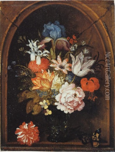 A Still Life Of Tulips, A Rose, An Iris, A Fuchsia, Forget-me-nots And Other Flowers In A Berkemeijer Glass, Set In A Niche Oil Painting - Balthasar Van Der Ast