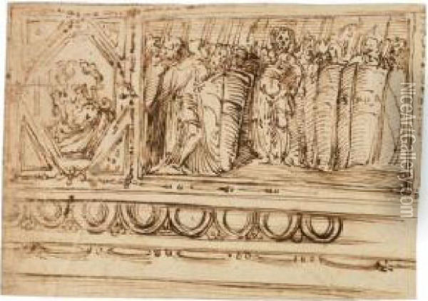 Foglio Raffigurante Fregio Con Guerrieri Romani E Ritratto Di Imperatore Oil Painting - Perino del Vaga (Pietro Bonaccors)
