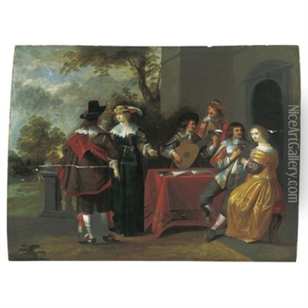 An Elegant Company Making Music, Drinking And Courting In A Garden Setting Oil Painting - Christoffel Jacobsz. Van Der Lamen