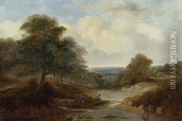 Landscape With Fishermen. Oil Painting - A.H. Vickers