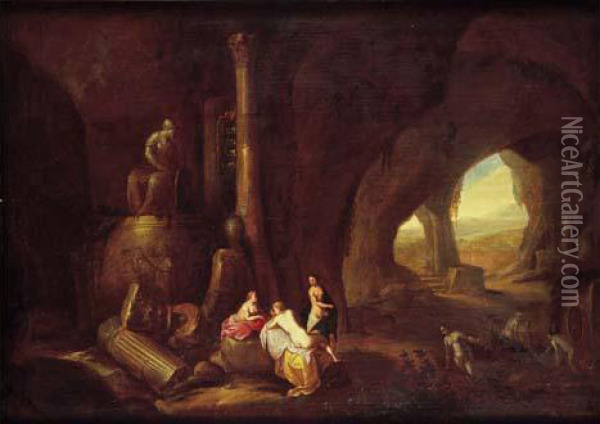 Nymphes Se Baignant Dans Une Grotte. Oil Painting - Abraham van Cuylenborch