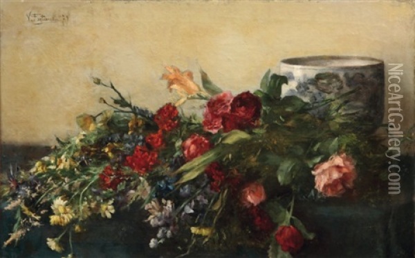 Fleurs Et Vase Sur Un Entablement Oil Painting - Victor Fontaine