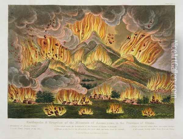 Earthquake and Eruption of the Mountain of Asama-yama, in the Province of Sinano, from Illustrations of Japan by Isaac Titsingh c.1740-1812 published London, 1822 Oil Painting - Joseph Constantine Stadler