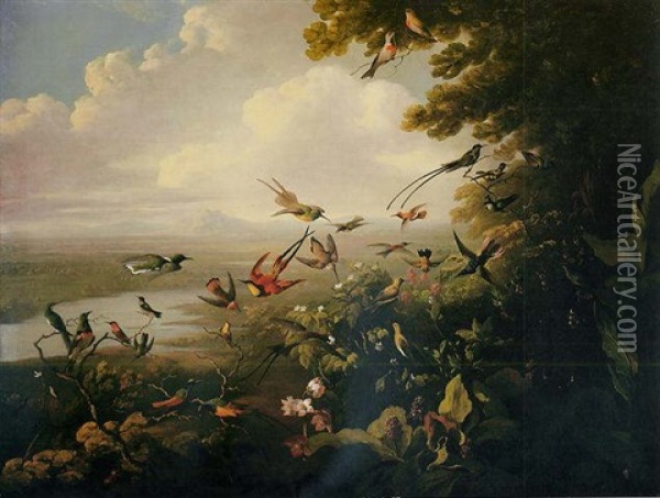 Exotic Birds In A Panoramic River Landscape Oil Painting - Philipp Reinagle