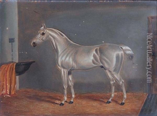 A White Hunter In A Stable And A Black Hunter In A Stable Oil Painting - Edwin Loder