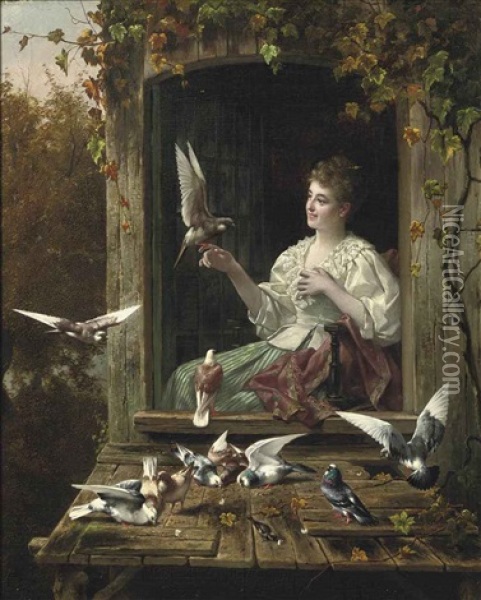 Feeding The Birds Oil Painting - Eugene Remy Maes