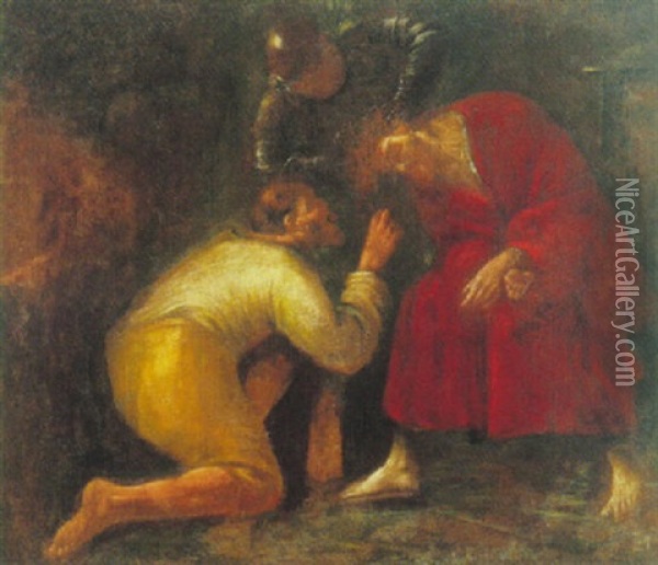 En Romersk Soldat Tager Tornekransen Af Jesus, I Forgrunden Judas Knaelende Oil Painting - Hendrick Ter Brugghen