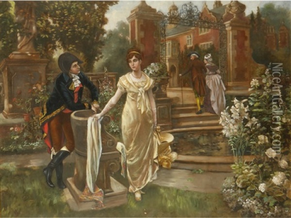 A Soldier And A Lady Conversing In A Stately Garden Whilst Another Couple Walk Back Towards The House Oil Painting - Henry Gillard Glindoni