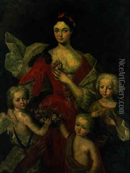 Portrait Of A Lady In A Red Dress With Two Children And A Putto Holding A Basket Of Flowers Oil Painting - Nicolas de Largilliere