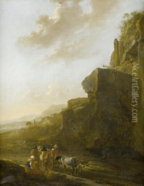 A Rocky Landscape With Four Figures Conversing In The Foreground Oil Painting - Jan Asselyn