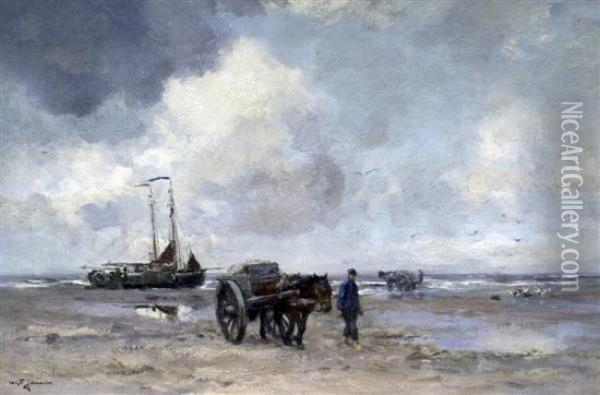 Shell Fisher And Fishing Boats At Low Tide Oil Painting - William George Frederick Jansen