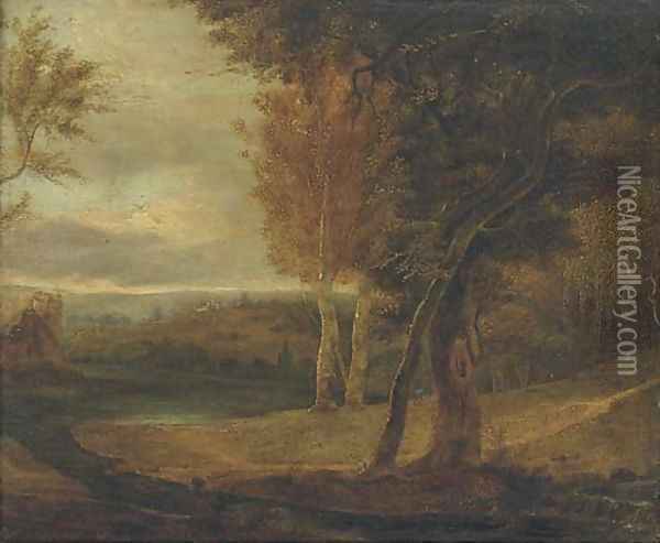 An extensive landscape with a lake, and a manor in the distance Oil Painting - English School