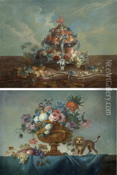 Pair Of Works: Still Life Of Flowers With Dog And A Still Life With Fruits Oil Painting - Jean-Marc Ladey