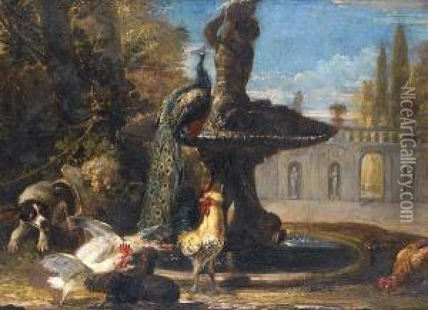 Rabbits With Cockerels And A 
Parrot In A Parklandscape; And A Dog Startling Cockerels Before A 
Fountain With Apeacock Oil Painting - David de Coninck