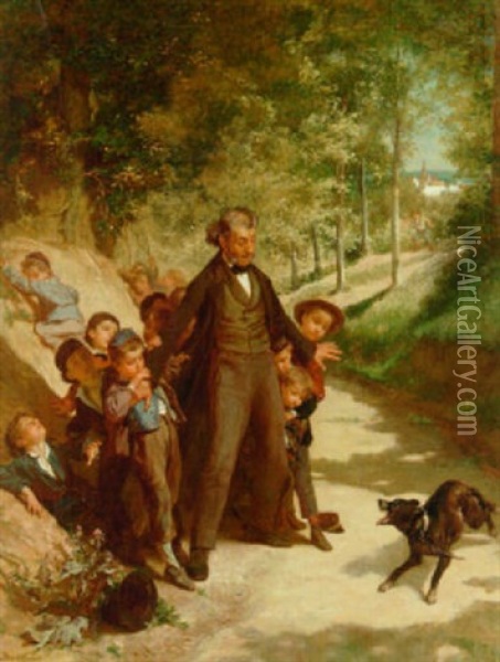 En Bortloben Laenkehund Skraemmer De Sma Born Pa Skovstien Oil Painting - Andre Henri Dargelas