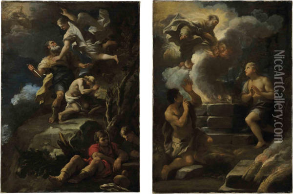 The Sacrifice Of Isaac; And The Sacrifices Of Abel And Cain Oil Painting - Luca Giordano
