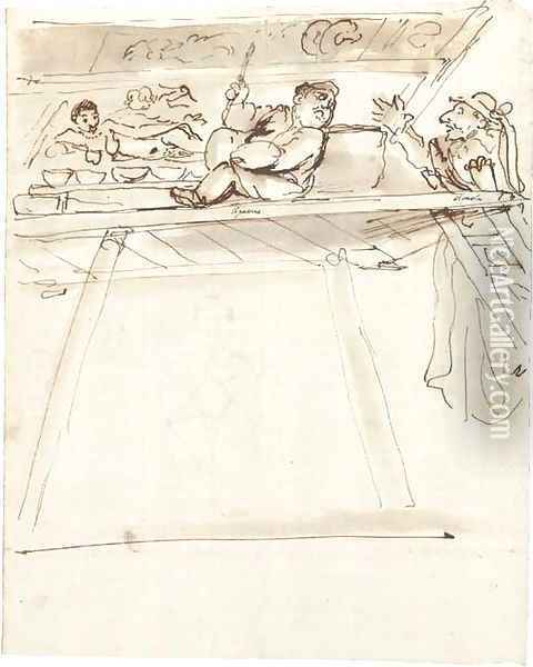 A caricature of Pier Francesco Mola interrupting Giovanni Battista Passeri painting a ceiling decoration of a reclining Venus Oil Painting - Pier Francesco Mola