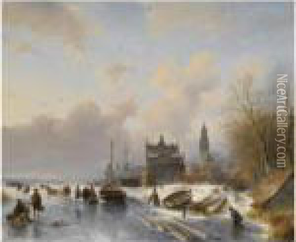 Skaters On A Frozen River Near A Dutch Town Oil Painting - Andreas Schelfhout