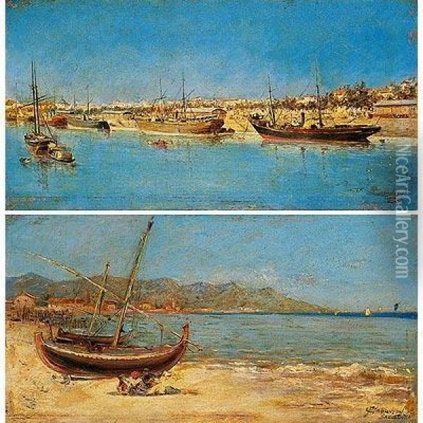 Barcos En Un Puerto / Jovenes En Laplaya De Barcelona Oil Painting - Francisco Cabanzon Hernandez