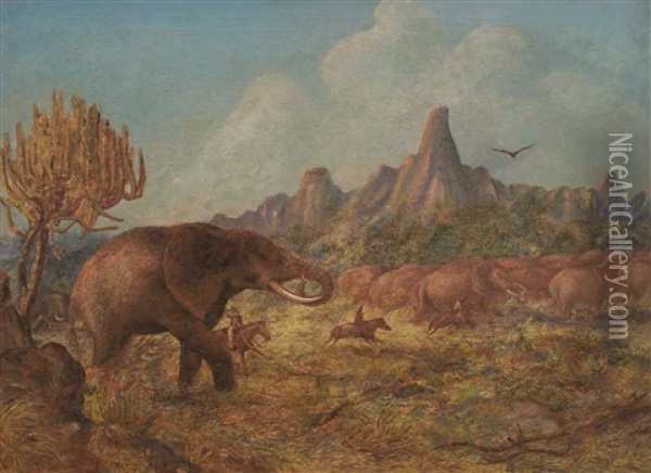 Elephant Hunting Near Mangwe River, Matabililand Oil Painting - John Thomas Baines