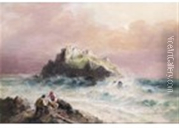 Channel Islands - Rocks Near L'etacq, Jersey; Fishermen On The Rocks B(a Pair) Oil Painting - Sarah Louise Kilpack
