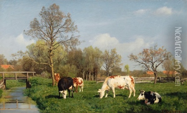 Cows Grazing By A Creek Oil Painting - Carl Seibels
