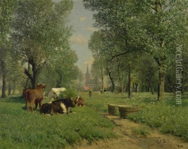 Wiese Mit Kuhen Und Einer Kirche Im Hintergrund Oil Painting - Carl Roeder