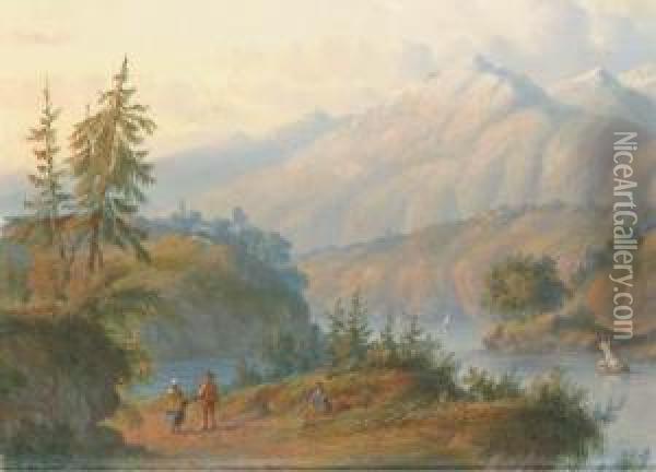 Figures In An Alpine Landscape Oil Painting - Carl Eduard Ahrendts