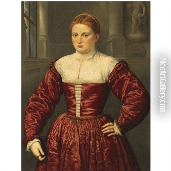 Portrait Of A Lady, Traditionally Believed To Be Of The Fugger Family, Standing Within A Palace Interior, Wearing A Crimson Satin Dress And Holding A Prayer-book In Her Right Hand Oil Painting - Paris Bordone